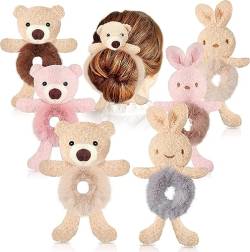 6 Stück niedliche Bären-Haargummis mit Häschen, Plüsch-Haargummisets, Seil-Kaninchen-Krawatten, flauschiges Tier, für Frauen und Mädchen, Styling-Werkzeuge von FoOhy