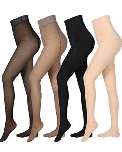 4 Paar Fleece gefütterte Strumpfhosen Damen Fleece durchscheinende Leggings Winter Thermo Durchscheinende Strumpfhose Warm Fake Strumpfhose für Frauen Mädchen, Schwarz, Braun, Hautfarben, M-L von Foaincore