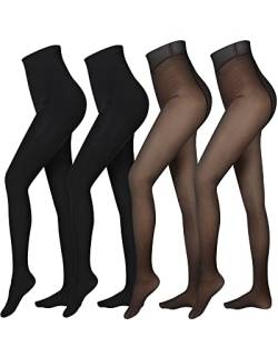 4 Paar Fleece-gefütterte Strumpfhosen für Damen, Fleece, durchscheinende Leggings, Winter, Thermo-Strumpfhosen, warme künstliche Strumpfhosen für Damen und Mädchen, Schwarz, Einheitsgr��e von Foaincore