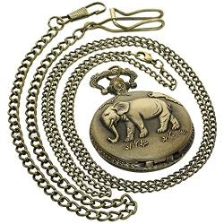 Bronzefarbene Vintage-Taschenuhr aus Messing, antikes Gehäuse, Taschenuhr für Herren und Damen, mit 1 x Halskette, 1 x Clip, Schlüsselanhänger, 1 Stück Elefant Bronze 189A1, Big von FobTime