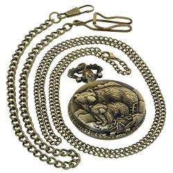 Taschenuhr aus Bronze, Quarz, graviert, Tiere, große arabische Skala, klassisches Vintage-Design, Taschenuhr, Taschenuhr mit Halskette Big 183A1 Bären Bronze von FobTime