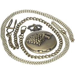 Taschenuhr aus Bronze, Vintage-Stil, Messing, antikes Gehäuse, Taschenuhr für Herren und Damen, mit 1 Halskette und 1 Clip, Schlüsselrippe, Thrones House Stark von FobTime