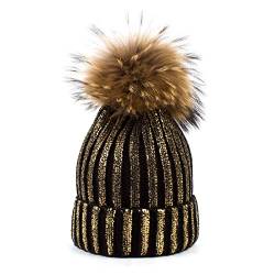 Focisa Strickmützen Caps Beanie Hüte Mützen Winter Damen Mütze Casual Warm Strickmütze Hut Damen Goldblacka von Focisa