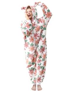 Focupaja Damen Fuzzy Pyjamas mit Kapuze Erwachsene Onesie Reißverschluss Warmes Fleece Gedruckt Weihnachten Winter Schlafanzug Blumen und Blätter L von Focupaja