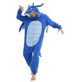 Focupaja Drache Onesie Erwachsene Tier-Cosplay Halloween Pyjamas Kostüme Teenager-Overall Einteiler Nachtwäsche Blau L von Focupaja