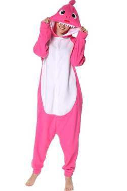 Focupaja Erwachsene Hai Strampelanzug Schlafanzug Tier Cosplay Kostüm Halloween Weihnachten Jumpsuit Schlafanzug für Frauen und Männer Rosarot L von Focupaja