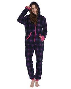 Focupaja Erwachsene Plaid Onesie Schlafanzug Pyjamas mit Kapuze Schlafanzug Weihnachten Fleece-Overall für Damen Herren Blaue Rose Rot L von Focupaja
