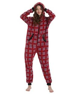 Focupaja Erwachsene Plaid Onesie Schlafanzug Pyjamas mit Kapuze Schlafanzug Weihnachten Fleece-Overall für Damen Herren Blaue Rot weiß XL von Focupaja