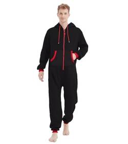 Focupaja Erwachsene Strampler Pyjama Jumpsuit mit Kapuze mit Taschen Zip Up Einteiler Weihnachten Familie Passend Nachtwäsche Loungewear für Frauen und Männer Schwarz-roter Reißverschluss L von Focupaja