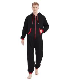 Focupaja Erwachsene Strampler Pyjama Jumpsuit mit Kapuze mit Taschen Zip Up Einteiler Weihnachten Familie Passend Nachtwäsche Loungewear für Frauen und Männer Schwarz-roter Reißverschluss XL von Focupaja