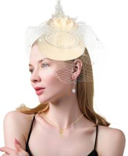 Focupaja Fascinator Hüte Damen Pillbox Hut mit Mesh Schleier Federn Derby Stirnband Hochzeit Kopfbedeckung Tea Party Haarspange 1950er Vintage Fascinator W4-27-Beige von Focupaja