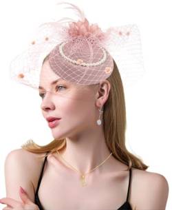 Focupaja Fascinator Hüte Damen Pillbox Hut mit Mesh Schleier Federn Derby Stirnband Hochzeit Kopfbedeckung Tea Party Haarspange 1950er Vintage Fascinator W4-27-Staubiges Rosa von Focupaja