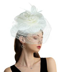 Focupaja Fascinator Hüte Damen Pillbox Hut mit Mesh Schleier Federn Derby Stirnband Hochzeit Kopfbedeckung Tea Party Haarspange 1950er Vintage Fascinator W4-48-Beige von Focupaja