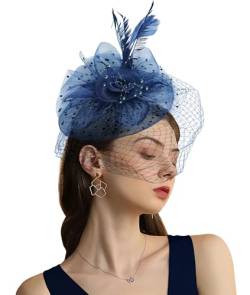 Focupaja Fascinator Hüte Damen Pillbox Hut mit Mesh Schleier Federn Derby Stirnband Hochzeit Kopfbedeckung Tea Party Haarspange 1950er Vintage Fascinator W4-48-Marineblau von Focupaja