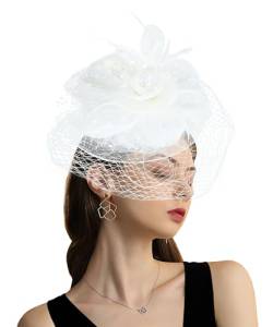 Focupaja Fascinator Hüte Damen Pillbox Hut mit Mesh Schleier Federn Derby Stirnband Hochzeit Kopfbedeckung Tea Party Haarspange 1950er Vintage Fascinator W4-48-Weiß von Focupaja