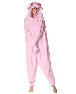 Focupaja Onesie Erwachsene Niedliches Schwein Cosplay Pyjama Tier Kostüm Nachtwäsche Halloween-Overall für Erwachsene Rosa L von Focupaja