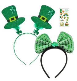 Focupaja St. Patrick's Day Zubehör Kostüm Kleeblatt Stirnband Kopfbedeckung Grüner Hut, Kleeblatt Halskette, Armband, Brille, Schnurrbärte für Irish Festival Party(3 Pcs) Schleifen Stirnband Set von Focupaja