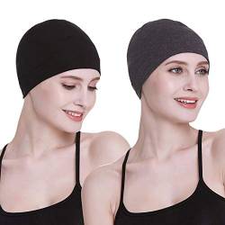 Bambus-Schlafkappe für Haarausfall, Kopfbedeckung für Chemo-Frauen, Schwarz mit dunklem Gesundheitsgrau, Einheitsgröße von FocusCare