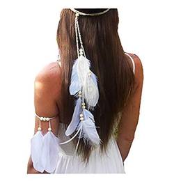 Damen Bohemian Weiß Pfauenfeder Stirnband Kopfschmuck Armband Hippie Kopfbedeckung Tribal Indian Fascinator Feder Haarband Hochzeit Zubehör von Fodattm