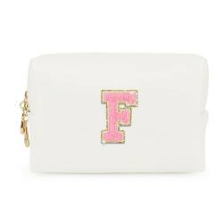 Fodofodo Personalisierte Make-up-Tasche mit Initialbuchstaben, adrette Patch-Make-up-Tasche, PU, wasserdicht, Reise-Kulturbeutel, Kulturbeutel mit Reißverschluss für Damen und Mädchen, Weiss/opulenter von Fodofodo