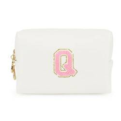 Fodofodo Personalisierte Make-up-Tasche mit Initialbuchstaben, adrette Patch-Make-up-Tasche, PU, wasserdicht, Reise-Kulturbeutel, Kulturbeutel mit Reißverschluss für Damen und Mädchen, Weiss/opulenter von Fodofodo