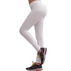Fohevers Damen-Leggings mit hoher Taille, für Yoga, Fitnessstudio, Laufen, elastisch, Sport, gerüscht, Bauchkontrolle, Leggings, weiß, XL von Fohevers