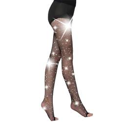 Fohevers Damen-Leggings mit offenem Zehenbereich, glitzernd, Netzstrumpfhose, Diamant, Zaunnetz, Leggings, Strass-Strumpfhose für Tanz, Glänzendes Schwarz, One size von Fohevers