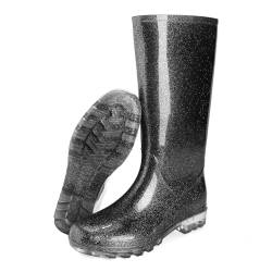 Foinledr Gummistiefel Regenstiefel Damen, Safety Wasserdicht Gummischuhe, Mode Anti-Rutsch Regenschuhe, Glitzer Schwarz, 36 EU von Foinledr