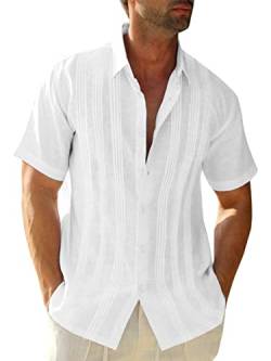 Fommykin Herren Kurzarm Baumwolle Leinen Hemd Casual Sommer Strand Button Down Shirts Button Up Pleats Guayabera Shirts, Weiss/opulenter Garten, Mittel von Fommykin