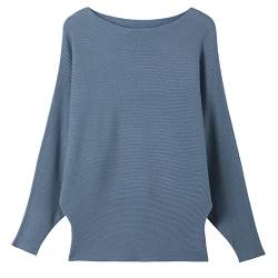 Damen Batwing Sweater Solid Bootausschnitt Tunika Casual Langarm Strick Pullover Pullover Tops für Frauen, denim-blau, M-L von Fomolom