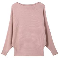 Damen Batwing Sweater Solid Bootausschnitt Tunika Casual Langarm Strick Pullover Pullover Tops für Frauen, rose, M-L von Fomolom