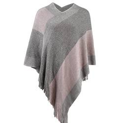 Eleganter Strickschal-Poncho mit Fransen für Damen, V-Ausschnitt, gestreifter Pullover-Umhang, Geschenke für Damen, Mama, GRAU, S-L von Fomolom