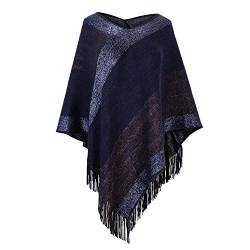 Fomolom Damen eleganter strickschal poncho mit fransen mit v-ausschnitt gestreiften pullover pullover cape geschenke einheitsgröße 1-Marineblau von Fomolom