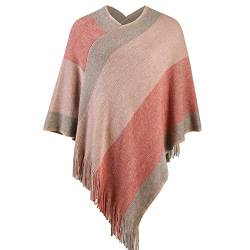 Fomolom Eleganter Strickschal-Poncho mit Fransen für Damen, V-Ausschnitt, gestreifter Pullover-Umhang Geschenke für Damen, Mama, Orange/Abendrot im Zickzackmuster (Sunset Chevron), S-L von Fomolom