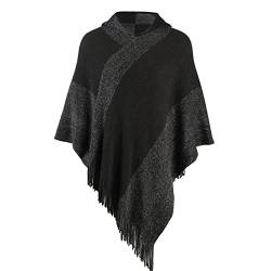 Fomolom Eleganter Strickschal-Poncho mit Fransen für Damen, V-Ausschnitt, gestreifter Pullover-Umhang Geschenke für Damen, Mama, Schwarz (mit Kapuze), S-L von Fomolom