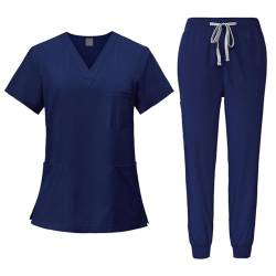 Fonowx Medizinische Arbeitskleidung Damen Herren, Krankenschwester Arbeitskleidung Set Waschbar, Medizinische Uniform mit Oberteil und Hose für Beauty Salon Klinik Krankenhaus, Navy blau, l von Fonowx