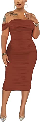 Damen Sexy Schulterfrei Ärmellos Bodycon Gerafft Midi Elegant Cocktail Abend Party Nacht Tube Kleider, 88-Kupferfarben, Groß von Fooullaide