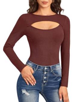 Damen Basic Einfarbig Cut Outs Tops Rundhalsausschnitt Langarm Sexy Freizeit Oberteil Burgundy L von For G and PL