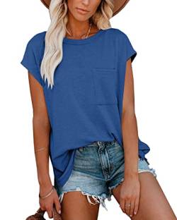 Damen Kurzarm Basic Oberteil Freizeit Elegant Sommer Casual T-Shirt mit Tasche Navy blau M von For G and PL