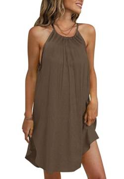 For G and PL Damen Alltagskleid Rundhals Sommerkleider Strandkleid Neckholder Kleid Freizeitkleid Braun Minikleid M von For G and PL