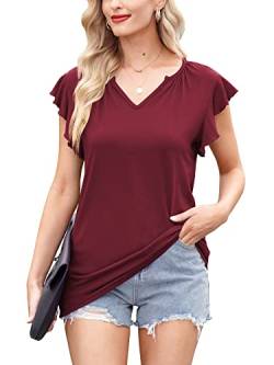 For G and PL Damen Baumwolle Oversize T-Shirt Casual Rüschenärmel Einfarbig Oberteil Kurzarm Rot Tops L von For G and PL