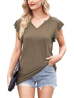 For G and PL Damen Baumwolle Oversize T-Shirt Sommer Rüschenärmel Einfarbig Oberteil Kurzarm Braun Tops XXL von For G and PL