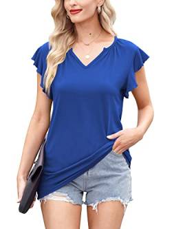 For G and PL Damen Casual Basic Sommer Sexy Bluse T-Shirt Einfarbig Oberteil Rüschenärmel Kurzarm Blau Tops L von For G and PL