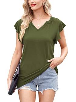 For G and PL Damen Casual Basic Sommer Sexy Bluse T-Shirt Einfarbig Oberteil Rüschenärmel Kurzarm Grün Olive Tops XL von For G and PL