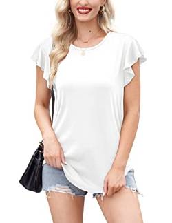 For G and PL Damen Elegant Rundhals Ausschnitt T-Shirt Casual Rüschenärmel Einfarbig Oberteil Kurzarm Weiß Tops M von For G and PL