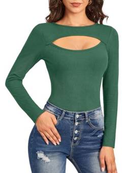 For G and PL Damen Herbst Basic Cut Outs Tops Rundhalsausschnitt Langarm Sexy Freizeit Oberteil Grün XXL von For G and PL