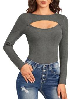 For G and PL Damen Herbst Cut Outs Tops Rundhalsausschnitt Langarm Sexy Freizeit Langarmshirt Dunkelgrau S von For G and PL