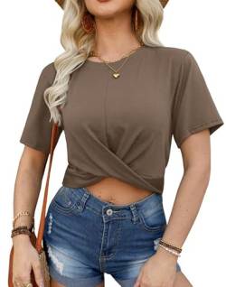 For G and PL Damen Kurzarm Rundhals T-Shirt Sommershirts Braun mit Twist Bauchfreies Oberteil Crop Top XL von For G and PL