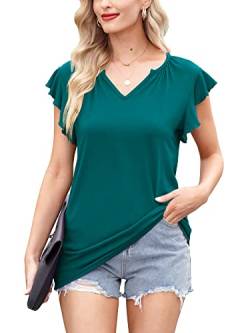 For G and PL Damen Sexy Bluse Casual Basic Sommer T-Shirt Rüschenärmel Einfarbig Oberteil Kurzarm Grün Tops L von For G and PL