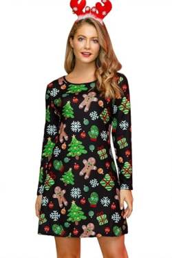 For G and PL Damen Ugly Weihnachten Print Mini Kleid Lange Armel Rudolph Rentier Elch Drucken Blusenkleid S von For G and PL